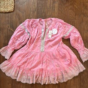 Pink Embroidered Dress with Lace Trim